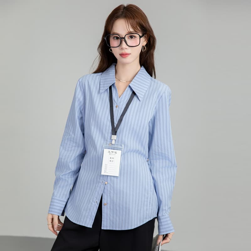 배색 스트라이프 파란색 셔츠 2026 봄 가을 새로운 여성 의류 경력 출퇴근 허리 수축 둘 착용 폴로 칼라 맨위 이미지 4