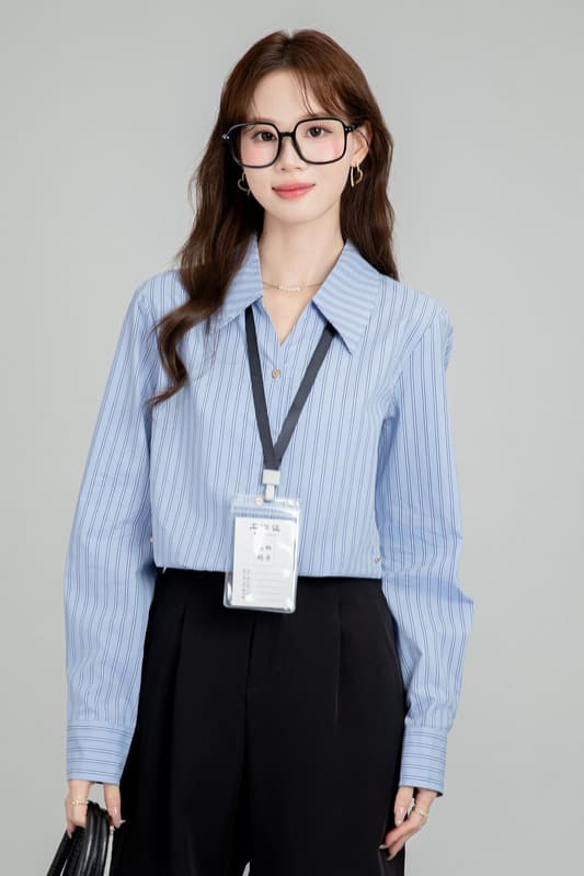 배색 스트라이프 파란색 셔츠 2026 봄 가을 새로운 여성 의류 경력 출퇴근 허리 수축 둘 착용 폴로 칼라 맨위 이미지 7