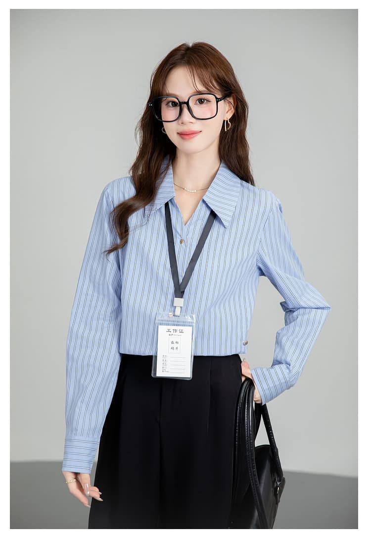 배색 스트라이프 파란색 셔츠 2026 봄 가을 새로운 여성 의류 경력 출퇴근 허리 수축 둘 착용 폴로 칼라 맨위 상세 이미지 19