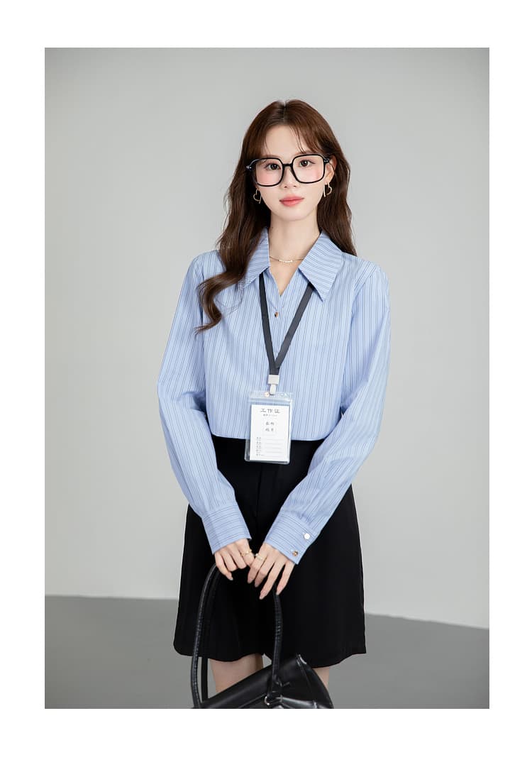 배색 스트라이프 파란색 셔츠 2026 봄 가을 새로운 여성 의류 경력 출퇴근 허리 수축 둘 착용 폴로 칼라 맨위 상세 이미지 20