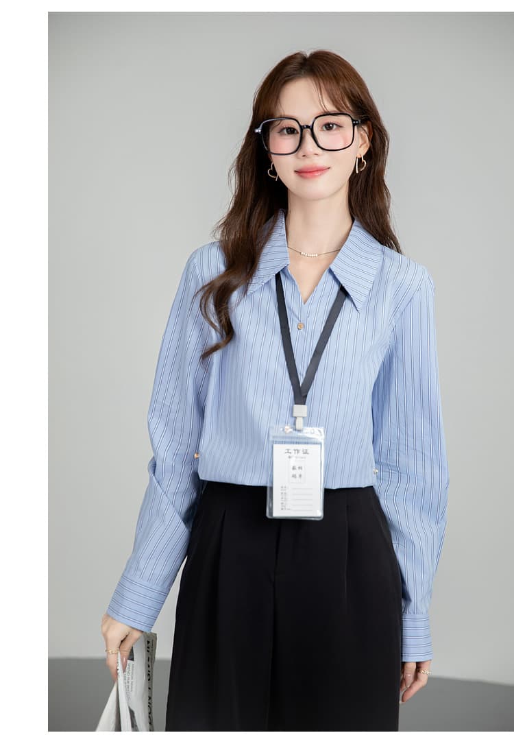 배색 스트라이프 파란색 셔츠 2026 봄 가을 새로운 여성 의류 경력 출퇴근 허리 수축 둘 착용 폴로 칼라 맨위 상세 이미지 22