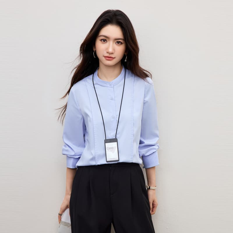 화이트 스탠드 칼라 여성 셔츠 2026 새로운 봄 다용도 품격 출퇴근 경력 슬림해 보이는 긴팔 셔츠 이미지 4