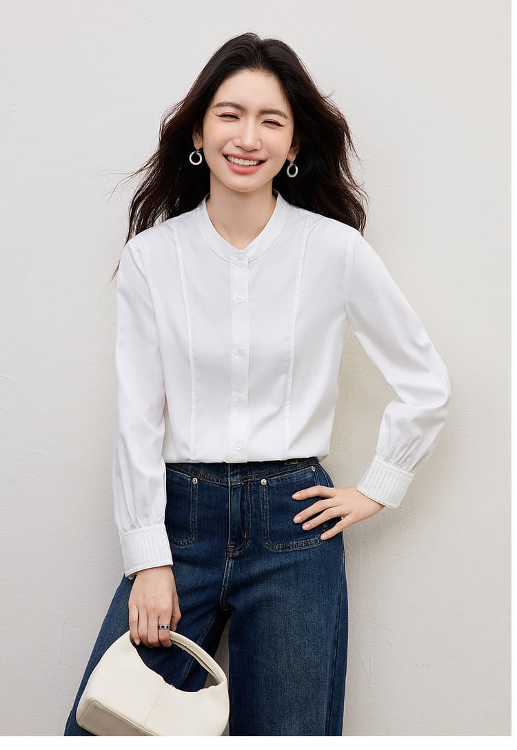 화이트 스탠드 칼라 여성 셔츠 2026 새로운 봄 다용도 품격 출퇴근 경력 슬림해 보이는 긴팔 셔츠 상세 이미지 23