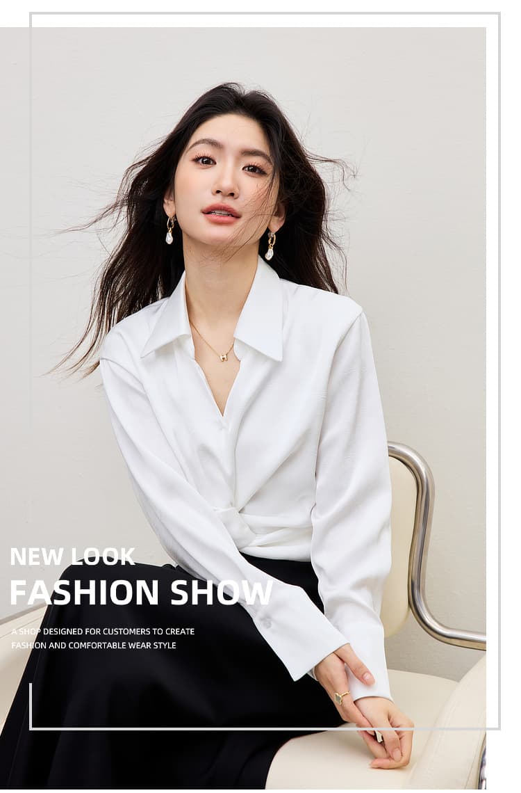 흰 셔츠 비틀림 긴팔 여성 2026 봄 디자인 센스 작은 대중 쇼트 스타일 외국 가스 작은 셔츠 기타 착용 법 새틴 맨위 상세 이미지 1