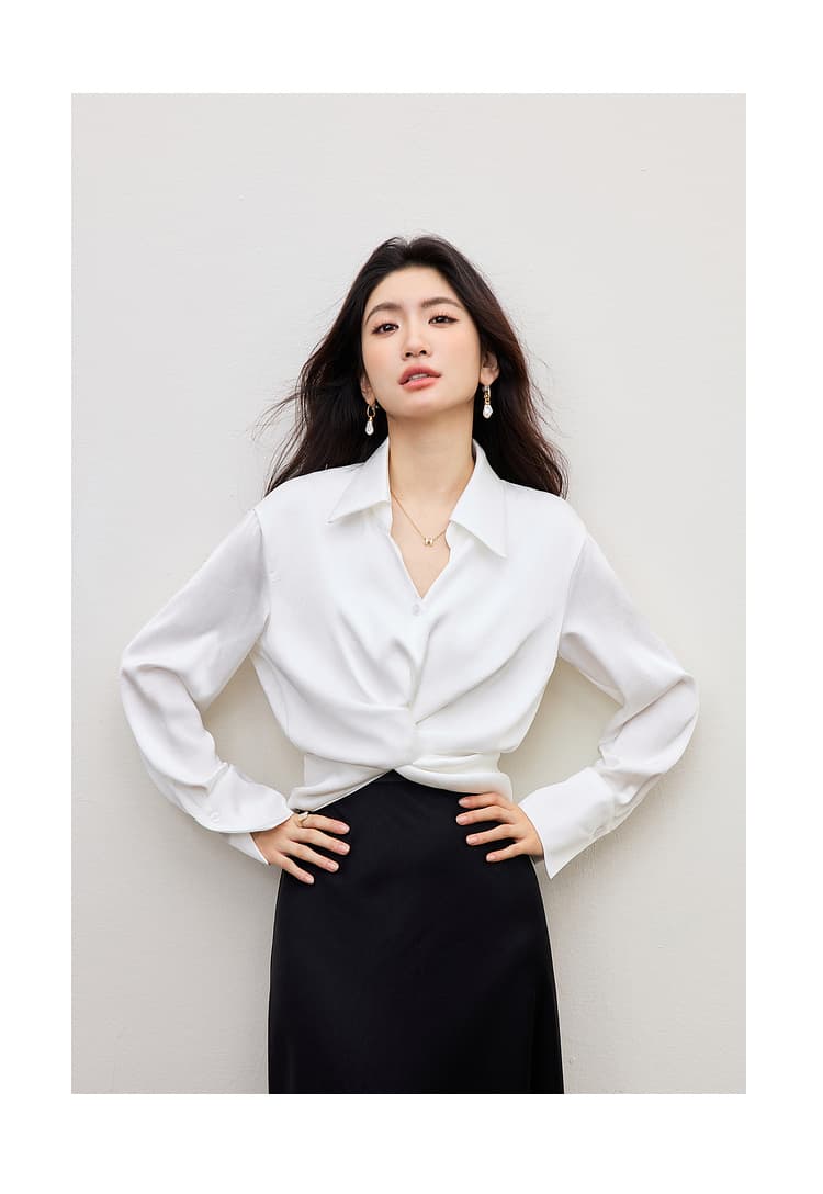 흰 셔츠 비틀림 긴팔 여성 2026 봄 디자인 센스 작은 대중 쇼트 스타일 외국 가스 작은 셔츠 기타 착용 법 새틴 맨위 상세 이미지 16