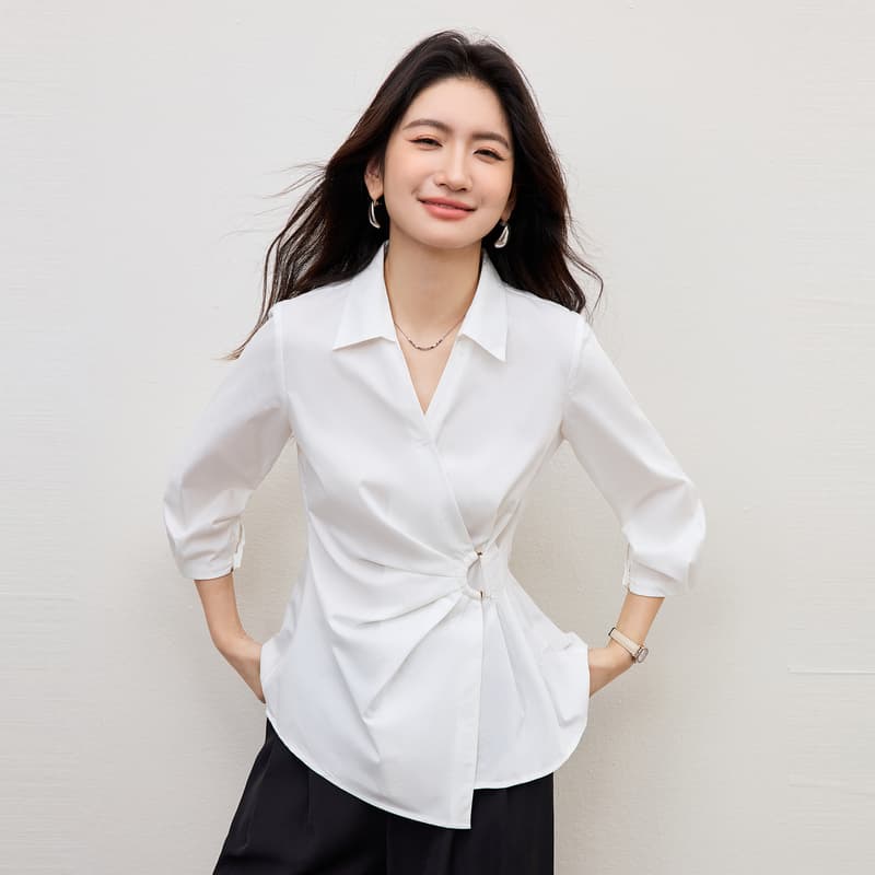 프랑스식 여성 셔츠 2026 새로운 봄 다용도 화이트 꼬집기 허리 셔츠 불규칙 v 단어 폴로 칼라 허리 수축 맨위 이미지 4