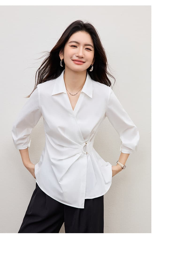 프랑스식 여성 셔츠 2026 새로운 봄 다용도 화이트 꼬집기 허리 셔츠 불규칙 v 단어 폴로 칼라 허리 수축 맨위 상세 이미지 13