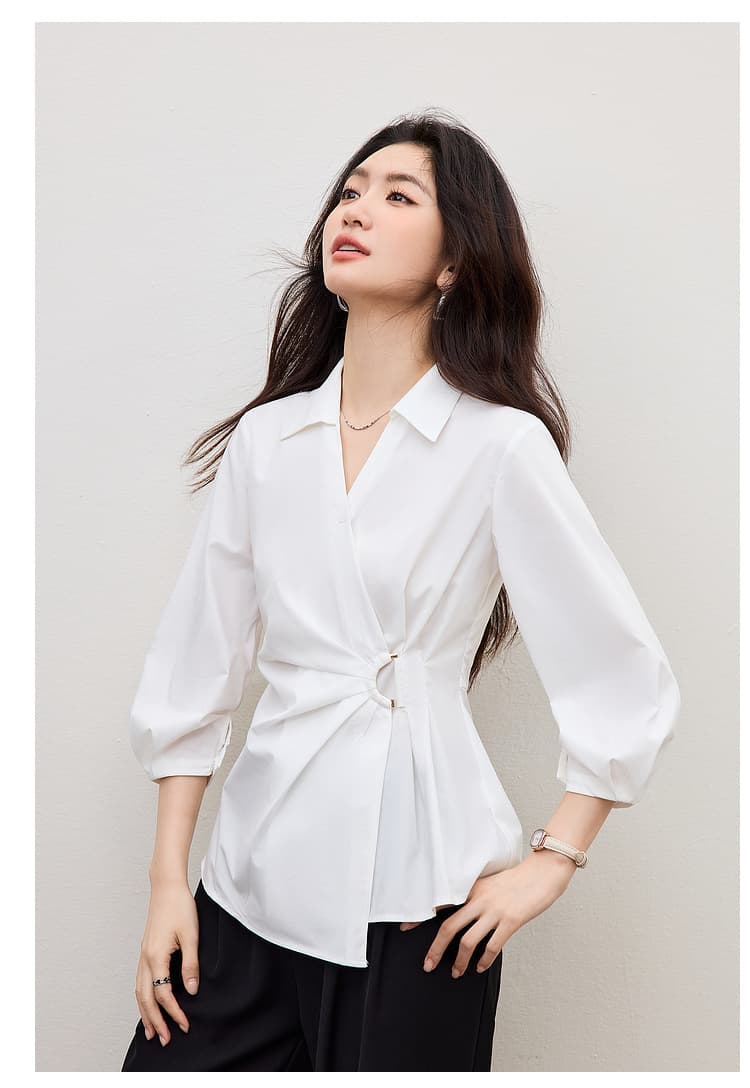 프랑스식 여성 셔츠 2026 새로운 봄 다용도 화이트 꼬집기 허리 셔츠 불규칙 v 단어 폴로 칼라 허리 수축 맨위 상세 이미지 15