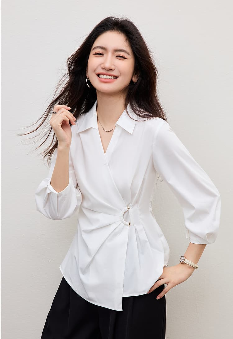 프랑스식 여성 셔츠 2026 새로운 봄 다용도 화이트 꼬집기 허리 셔츠 불규칙 v 단어 폴로 칼라 허리 수축 맨위 상세 이미지 17