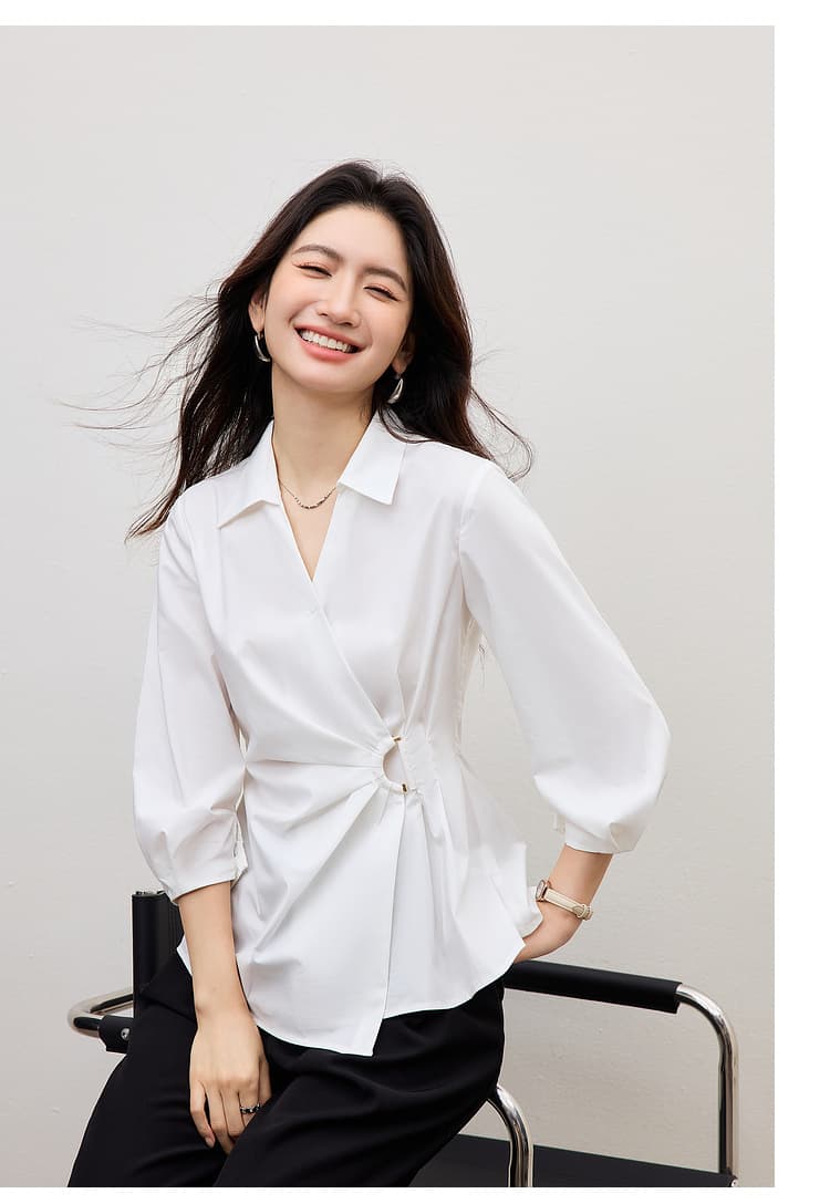 프랑스식 여성 셔츠 2026 새로운 봄 다용도 화이트 꼬집기 허리 셔츠 불규칙 v 단어 폴로 칼라 허리 수축 맨위 상세 이미지 18