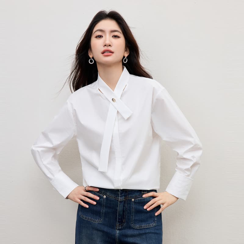 순면 루즈핏 긴팔 여성 셔츠 2026 봄 새로운 디자인 센스 품격 출퇴근 경력 루즈핏 리본 셔츠 이미지 3