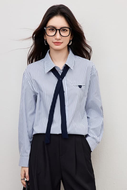 파란색 세로 줄무늬 긴팔 여성 셔츠 봄 새로운 작은 키 탈착식 넥타이 루즈핏 미니멀리즘 품격 맨위 이미지 7