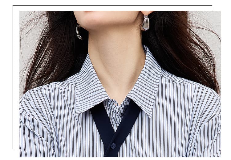 파란색 세로 줄무늬 긴팔 여성 셔츠 봄 새로운 작은 키 탈착식 넥타이 루즈핏 미니멀리즘 품격 맨위 상세 이미지 6