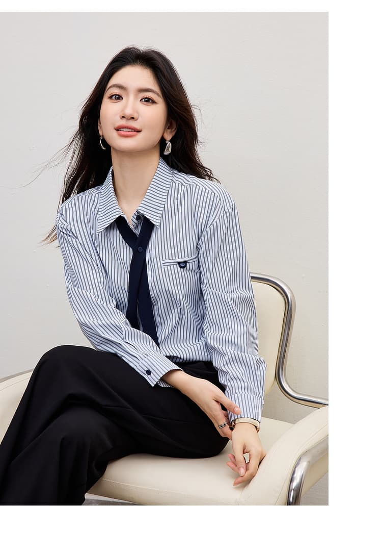 파란색 세로 줄무늬 긴팔 여성 셔츠 봄 새로운 작은 키 탈착식 넥타이 루즈핏 미니멀리즘 품격 맨위 상세 이미지 13