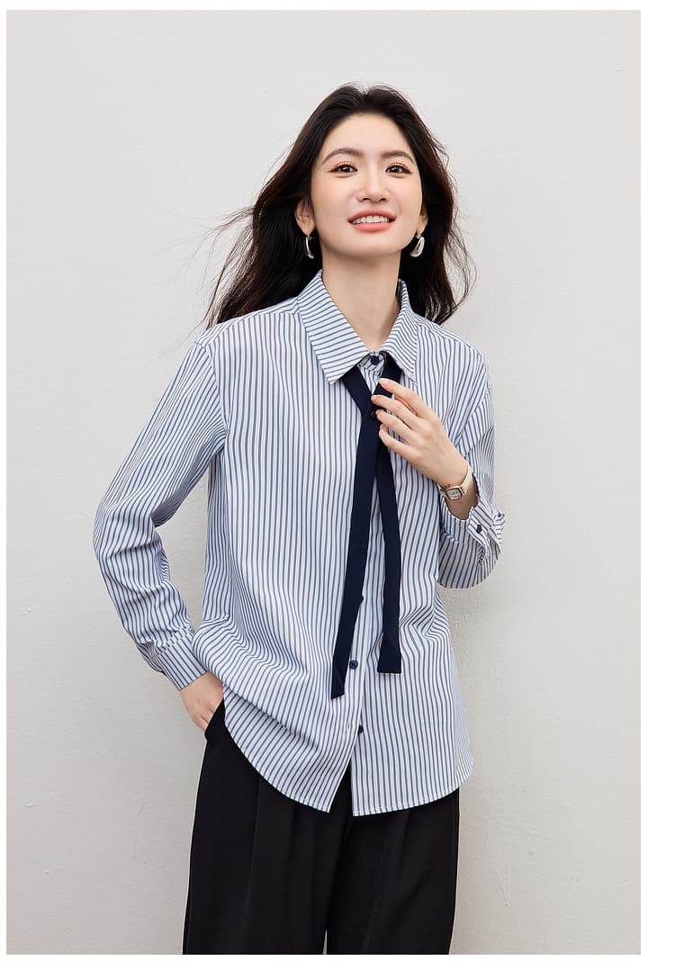 파란색 세로 줄무늬 긴팔 여성 셔츠 봄 새로운 작은 키 탈착식 넥타이 루즈핏 미니멀리즘 품격 맨위 상세 이미지 14