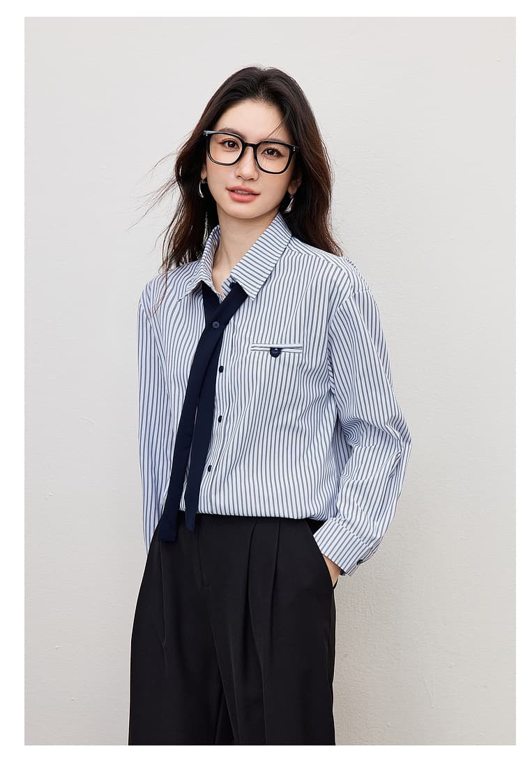 파란색 세로 줄무늬 긴팔 여성 셔츠 봄 새로운 작은 키 탈착식 넥타이 루즈핏 미니멀리즘 품격 맨위 상세 이미지 15