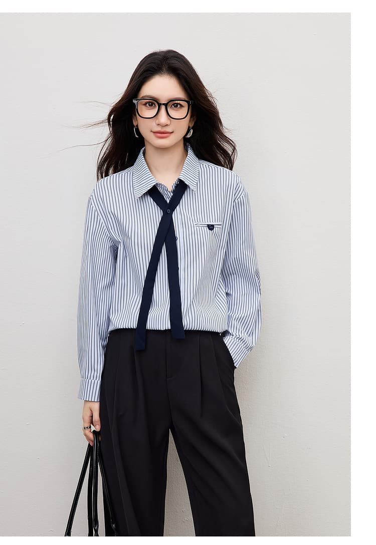 파란색 세로 줄무늬 긴팔 여성 셔츠 봄 새로운 작은 키 탈착식 넥타이 루즈핏 미니멀리즘 품격 맨위 상세 이미지 18