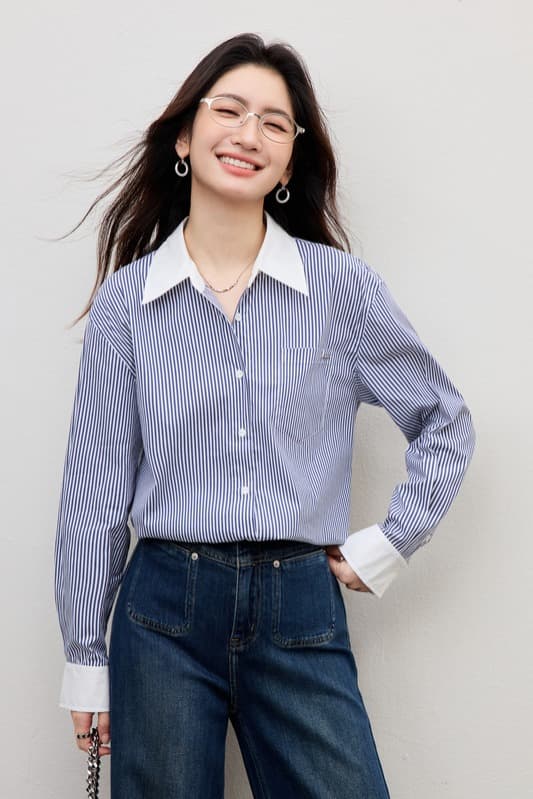 파란색 스트라이프 셔츠 2026 봄 새로운 다용도 여성 의류 마이크로 가을 어깨 싱글 줄 버튼 폴로 칼라 품격 캐주얼 맨위 이미지 7