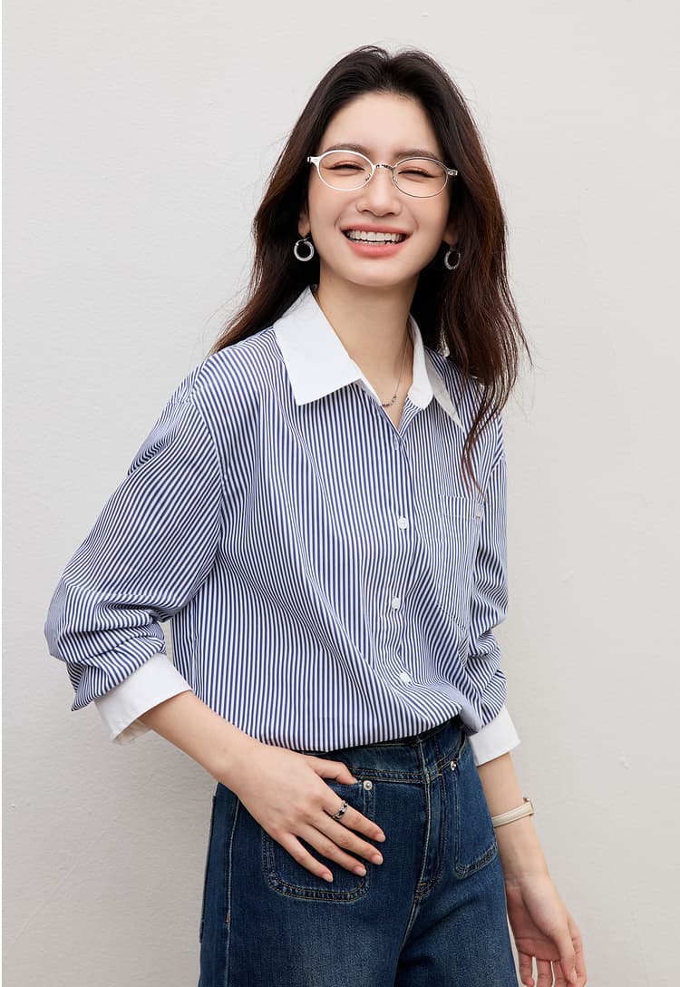 파란색 스트라이프 셔츠 2026 봄 새로운 다용도 여성 의류 마이크로 가을 어깨 싱글 줄 버튼 폴로 칼라 품격 캐주얼 맨위 상세 이미지 17
