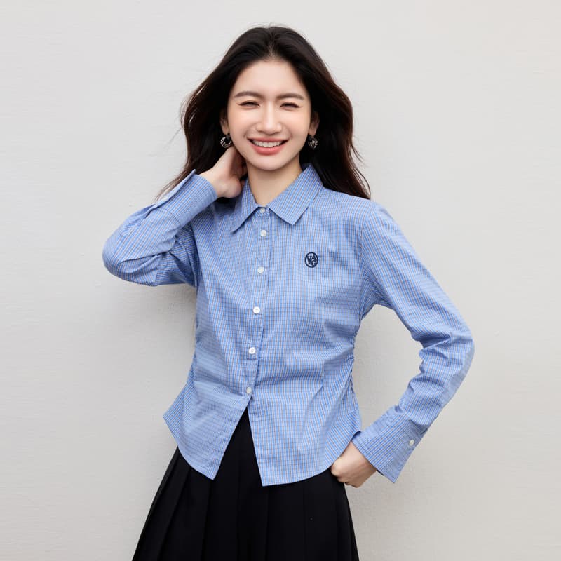 파란색 여성 셔츠 2026 년 봄 새로운 출퇴근 경력 허리 수축 프랑스식 몸매 가꾸기 긴팔 체크무늬 고급 맨위 이미지 5
