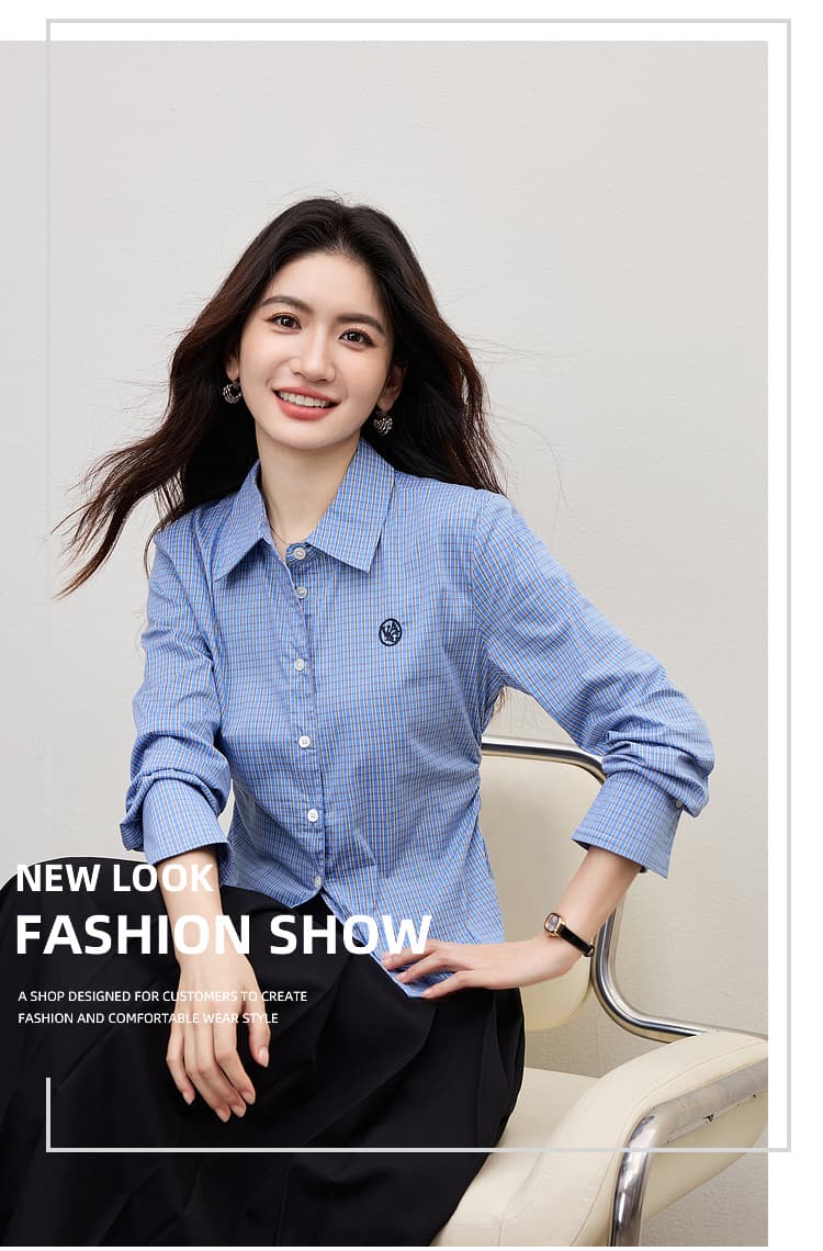 파란색 여성 셔츠 2026 년 봄 새로운 출퇴근 경력 허리 수축 프랑스식 몸매 가꾸기 긴팔 체크무늬 고급 맨위 상세 이미지 1