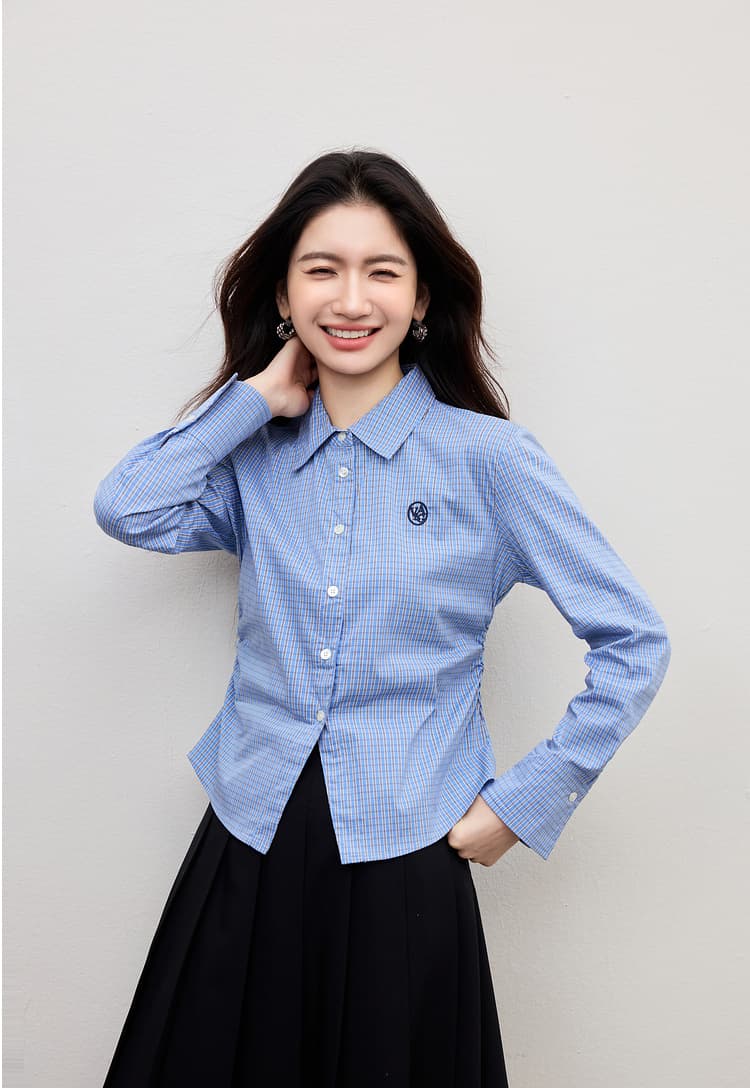 파란색 여성 셔츠 2026 년 봄 새로운 출퇴근 경력 허리 수축 프랑스식 몸매 가꾸기 긴팔 체크무늬 고급 맨위 상세 이미지 17