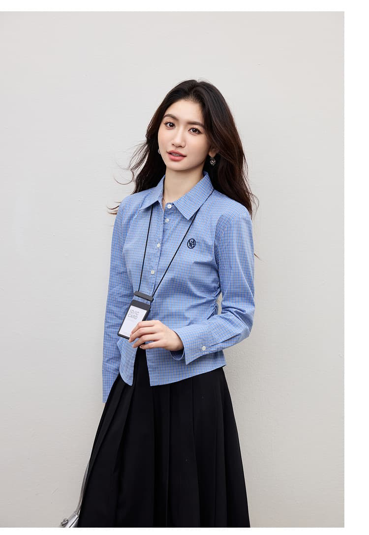 파란색 여성 셔츠 2026 년 봄 새로운 출퇴근 경력 허리 수축 프랑스식 몸매 가꾸기 긴팔 체크무늬 고급 맨위 상세 이미지 18
