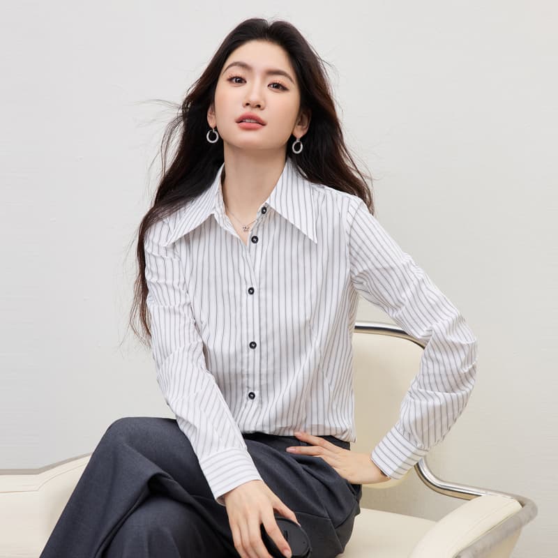 화이트 핀 스트라이프 여성 셔츠 2026 봄 새로운 디자인 센스 작은 대중 거품 소매 출퇴근 경력 긴팔 맨위 이미지 2