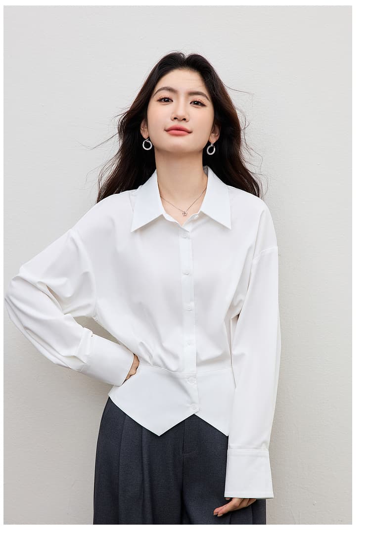 화이트 허리 수축 여성 셔츠 2026 봄 새로운 경력 출퇴근 경력 착용 가져 가라. 셔츠 트임 디자인 센스 맨위 상세 이미지 14