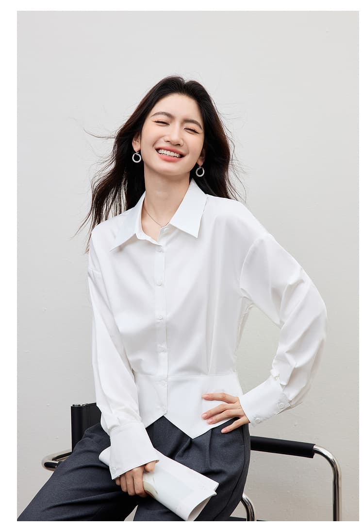 화이트 허리 수축 여성 셔츠 2026 봄 새로운 경력 출퇴근 경력 착용 가져 가라. 셔츠 트임 디자인 센스 맨위 상세 이미지 15
