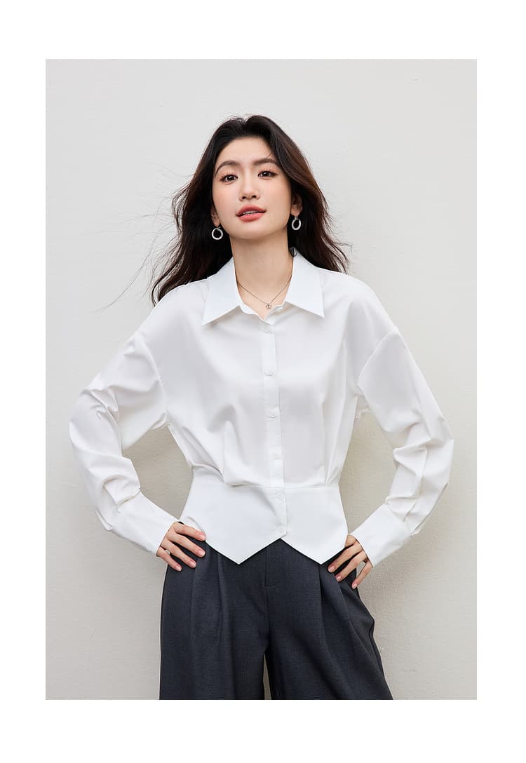 화이트 허리 수축 여성 셔츠 2026 봄 새로운 경력 출퇴근 경력 착용 가져 가라. 셔츠 트임 디자인 센스 맨위 상세 이미지 16