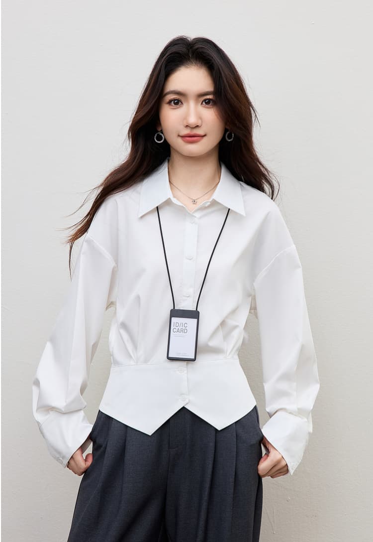 화이트 허리 수축 여성 셔츠 2026 봄 새로운 경력 출퇴근 경력 착용 가져 가라. 셔츠 트임 디자인 센스 맨위 상세 이미지 17
