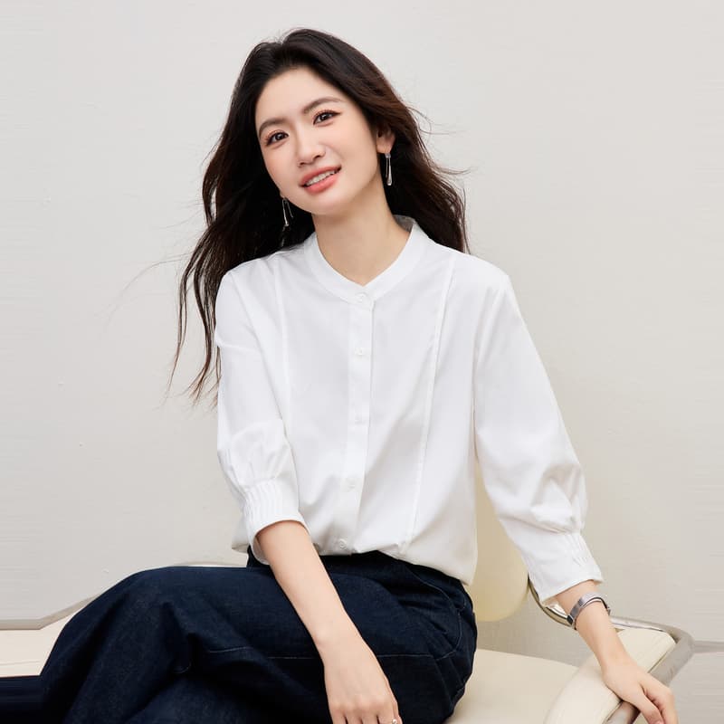 여름 프랑스식 장기 Pleat 7부 소매 여성 셔츠 2026 새로운 파란색 스탠드 칼라 디자인 센스 셔츠 출퇴근 경력 이미지 4