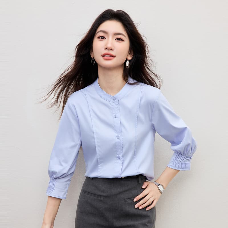 여름 프랑스식 장기 Pleat 7부 소매 여성 셔츠 2026 새로운 파란색 스탠드 칼라 디자인 센스 셔츠 출퇴근 경력 이미지 5