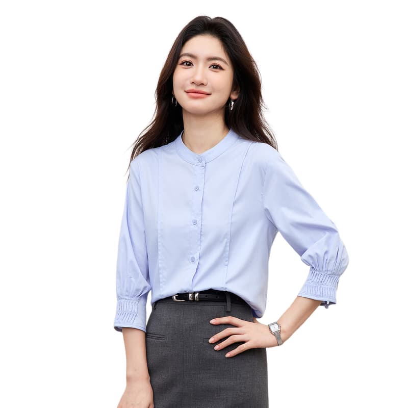 여름 프랑스식 장기 Pleat 7부 소매 여성 셔츠 2026 새로운 파란색 스탠드 칼라 디자인 센스 셔츠 출퇴근 경력 이미지 6