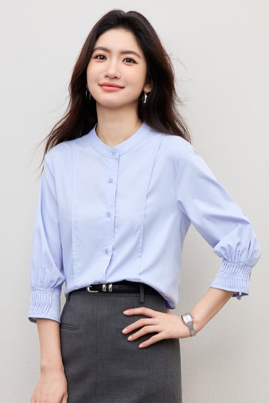 여름 프랑스식 장기 Pleat 7부 소매 여성 셔츠 2026 새로운 파란색 스탠드 칼라 디자인 센스 셔츠 출퇴근 경력 이미지 7