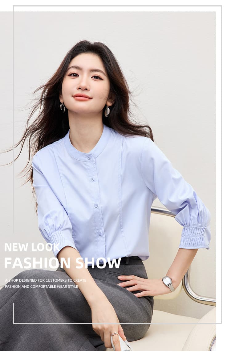 여름 프랑스식 장기 Pleat 7부 소매 여성 셔츠 2026 새로운 파란색 스탠드 칼라 디자인 센스 셔츠 출퇴근 경력 상세 이미지 1