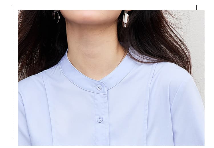 여름 프랑스식 장기 Pleat 7부 소매 여성 셔츠 2026 새로운 파란색 스탠드 칼라 디자인 센스 셔츠 출퇴근 경력 상세 이미지 6