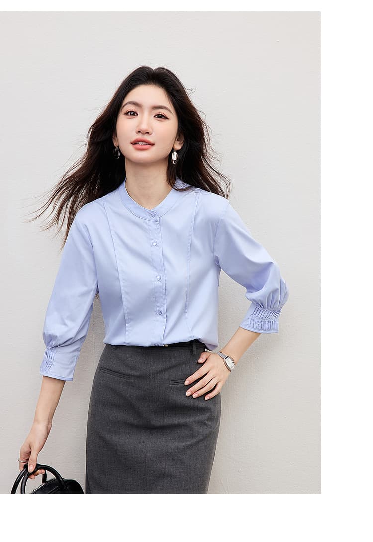 여름 프랑스식 장기 Pleat 7부 소매 여성 셔츠 2026 새로운 파란색 스탠드 칼라 디자인 센스 셔츠 출퇴근 경력 상세 이미지 13