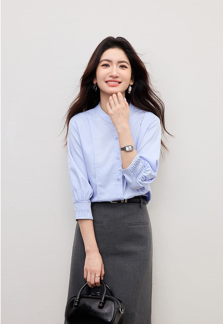 여름 프랑스식 장기 Pleat 7부 소매 여성 셔츠 2026 새로운 파란색 스탠드 칼라 디자인 센스 셔츠 출퇴근 경력 상세 이미지 17