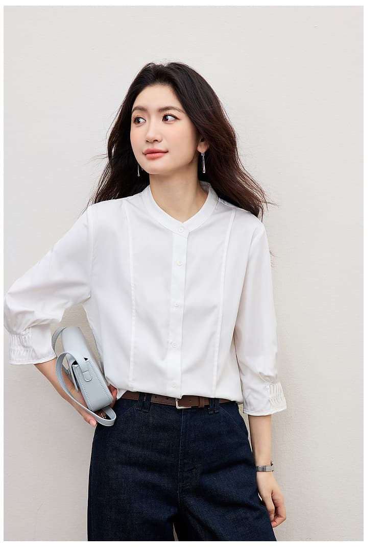 여름 프랑스식 장기 Pleat 7부 소매 여성 셔츠 2026 새로운 파란색 스탠드 칼라 디자인 센스 셔츠 출퇴근 경력 상세 이미지 21