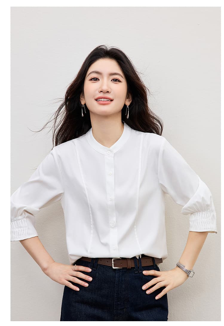 여름 프랑스식 장기 Pleat 7부 소매 여성 셔츠 2026 새로운 파란색 스탠드 칼라 디자인 센스 셔츠 출퇴근 경력 상세 이미지 22