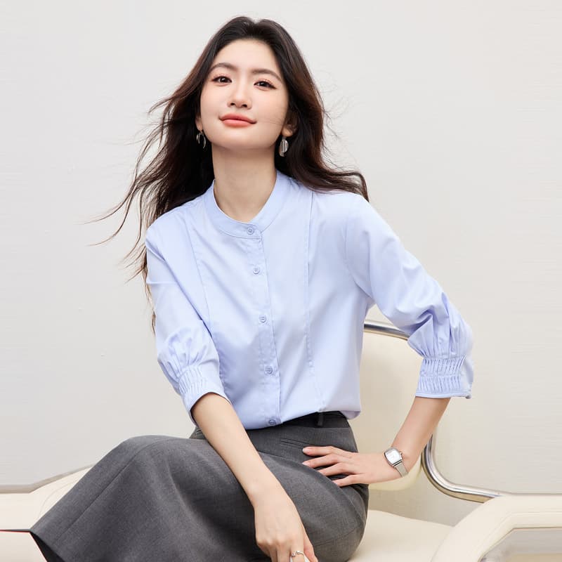 여름 프랑스식 장기 Pleat 7부 소매 여성 셔츠 2026 새로운 파란색 스탠드 칼라 디자인 센스 셔츠 출퇴근 경력 이미지 3