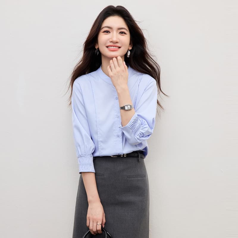 여름 프랑스식 장기 Pleat 7부 소매 여성 셔츠 2026 새로운 파란색 스탠드 칼라 디자인 센스 셔츠 출퇴근 경력 이미지 4