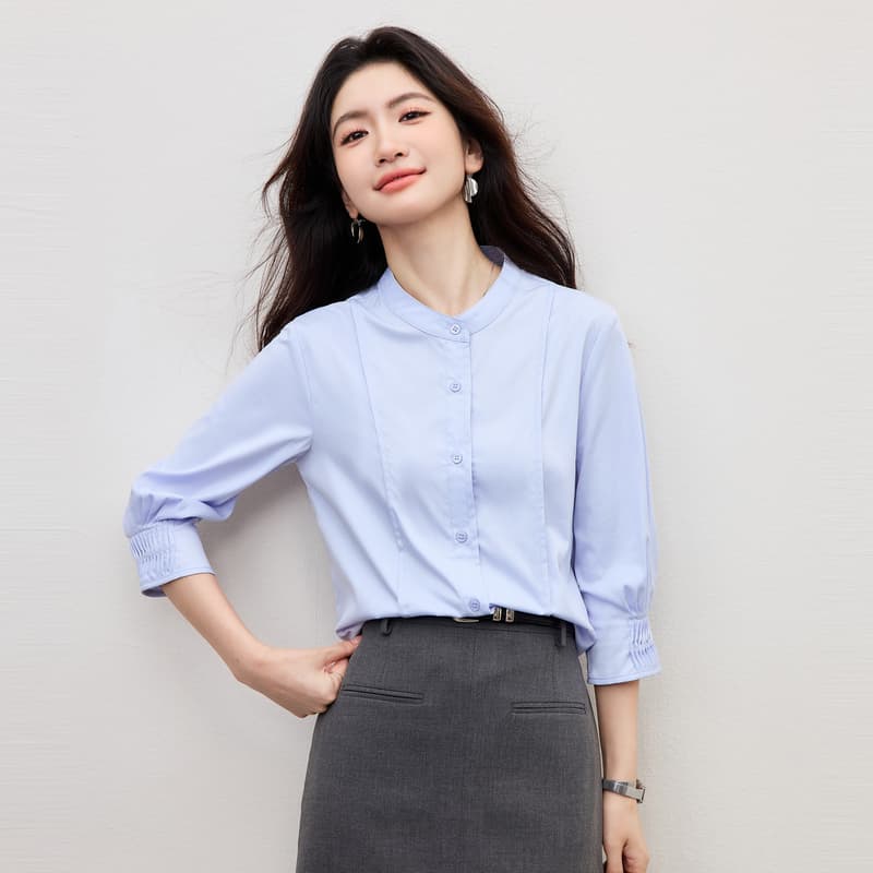 여름 프랑스식 장기 Pleat 7부 소매 여성 셔츠 2026 새로운 파란색 스탠드 칼라 디자인 센스 셔츠 출퇴근 경력 이미지 2