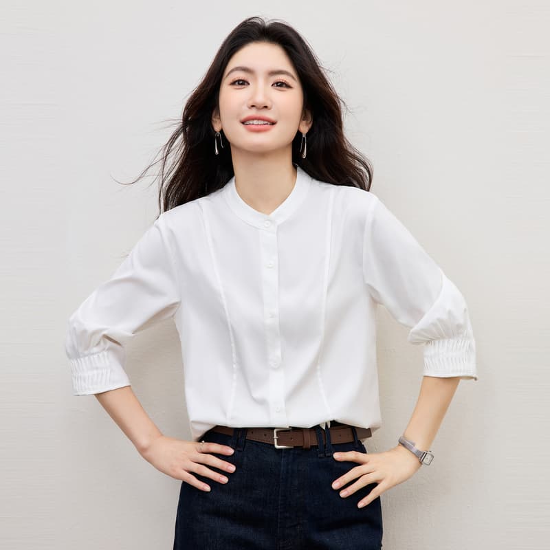 여름 프랑스식 장기 Pleat 7부 소매 여성 셔츠 2026 새로운 파란색 스탠드 칼라 디자인 센스 셔츠 출퇴근 경력 이미지 5