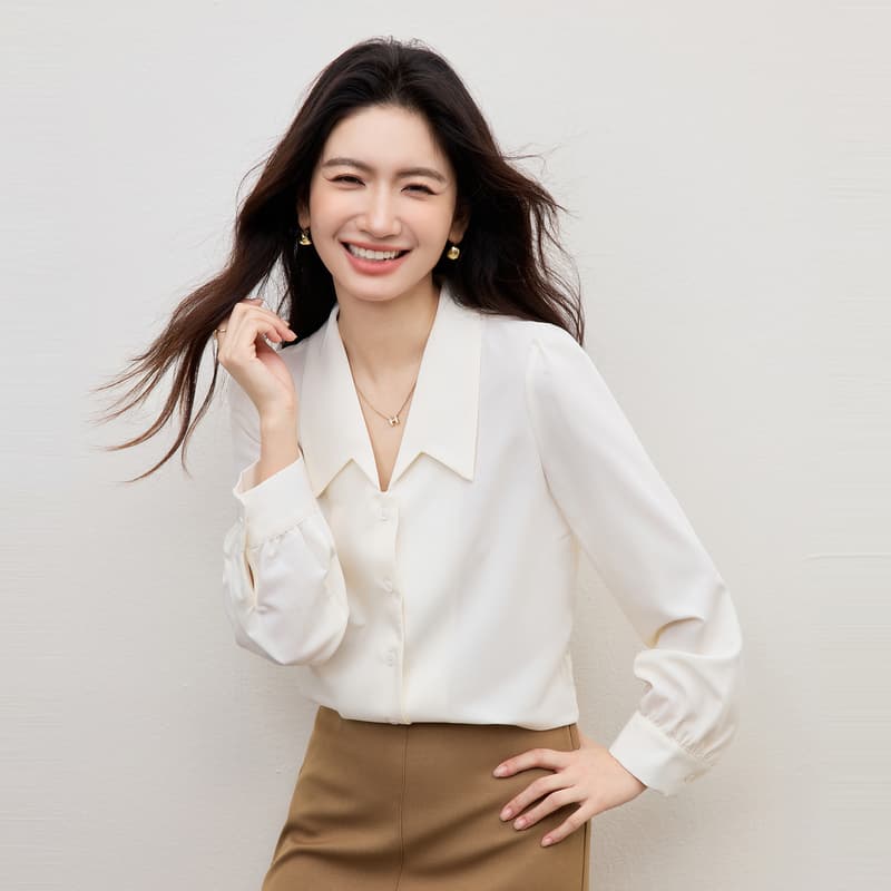 화이트 쉬폰 2026 섹션 봄 가을 맨위 여성 고급 센스 직장 출퇴근 착용 가져 가라. 셔츠 면접 긴팔 셔츠 이미지 2