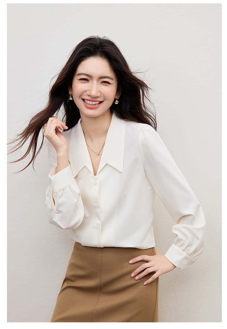 화이트 쉬폰 2026 섹션 봄 가을 맨위 여성 고급 센스 직장 출퇴근 착용 가져 가라. 셔츠 면접 긴팔 셔츠 상세 이미지 12