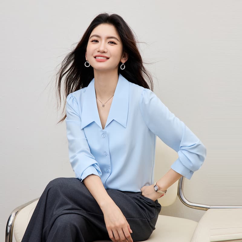 화이트 쉬폰 2026 섹션 봄 가을 맨위 여성 고급 센스 직장 출퇴근 착용 가져 가라. 셔츠 면접 긴팔 셔츠 이미지 4