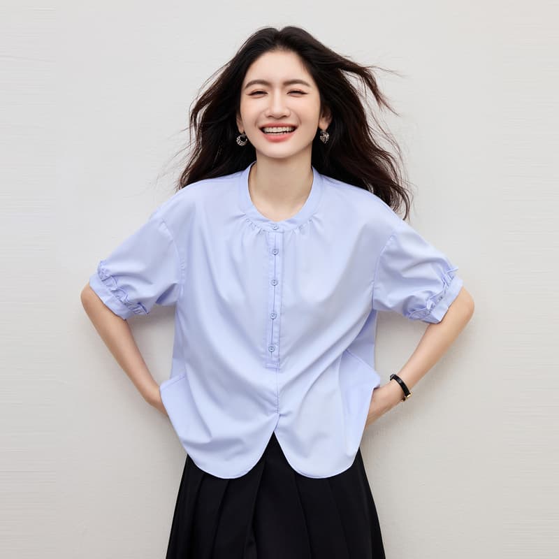 블루 색상 프랑스식 여성 셔츠 2026 여름 드레스 새로운 반팔 패션 품격 캐주얼 출퇴근 착용 가져 가라. 경력 셔츠 이미지 4